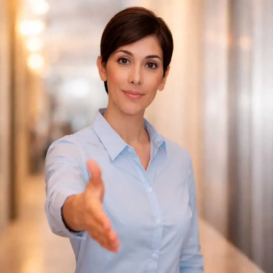 Luiza en un pasillo de pie ofreciéndote su mano